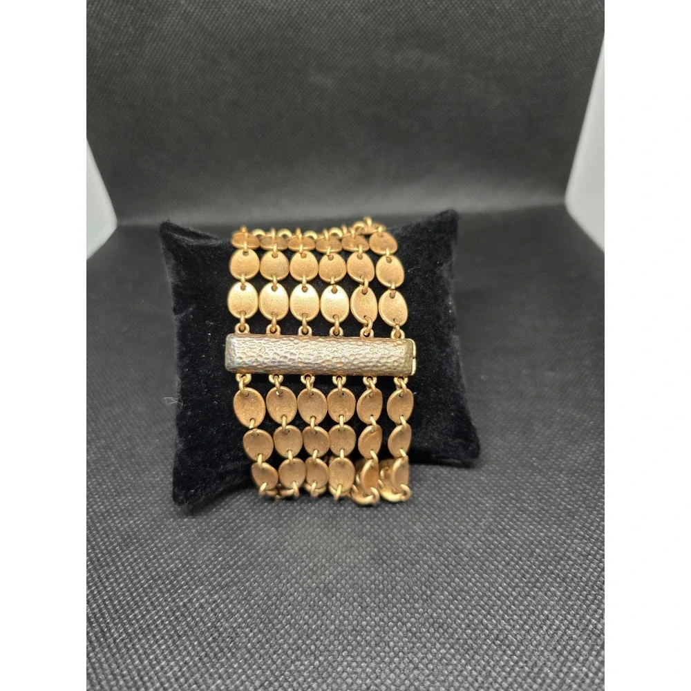 Gold-tone Multi Strand Oval Link Bracelet Textured Hammered Bar Statement Cuff